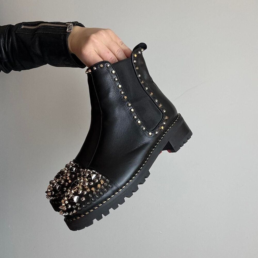 Christian Louboutin Black Leather Studded Chelsea Booties - Picture 3 of 8